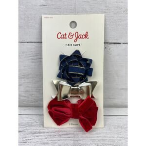 SALE Cat & Jack Girls Hair Clip Bows 3 Pack Patriotic Blue Gold Red Velvet